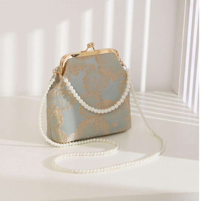 New Antique Mouth Gold Bag Rich Flower Pattern Women's Messenger Evening Cheongsam Bag Mobile Phone Chain Small Square Bag
