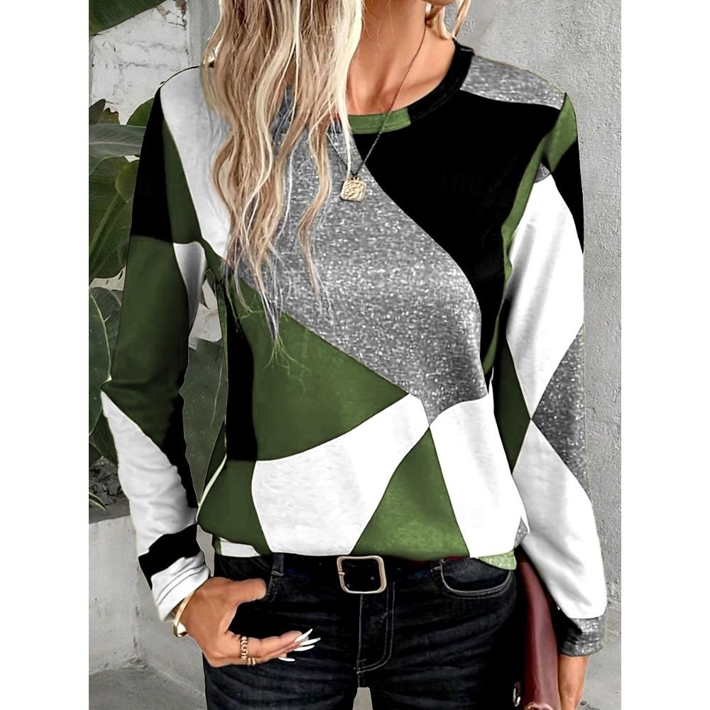 Women's T-shirt 3D Irregular Geometric Printing Fashion Long-sleeved Round Neck Regular Tops Holiday Weekend Spring and Autumn