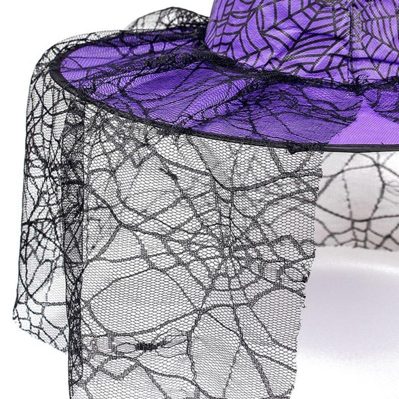 Wicked Witch Hats for Women Halloween Hat with Lace Veil Spiders Web Decors