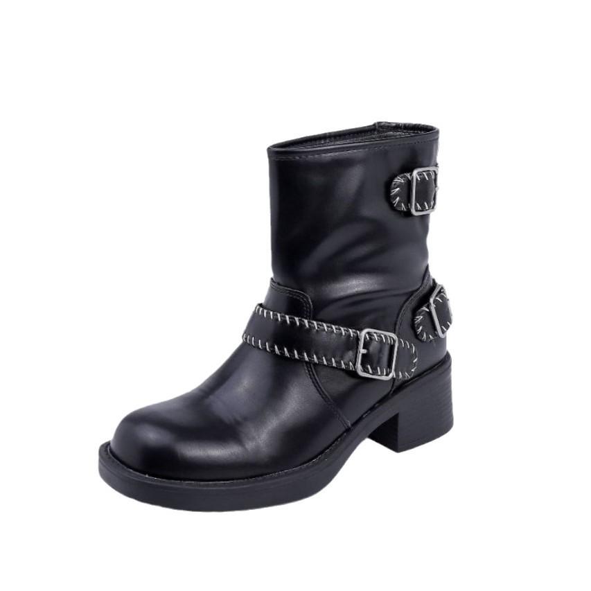 Grape mother retro polished knight boots short belt buckle old thick heel British style short boots comfortable platform women's boots