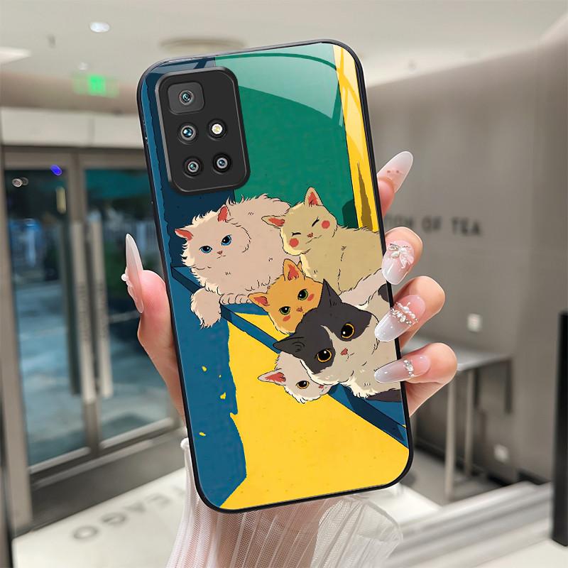 For Xiaomi Redmi 10 Prime 2022 Phone Case Tempered Glass Hard Shell flower Cute cats Coque For Redmi10 10Prime 2022 Back Cover