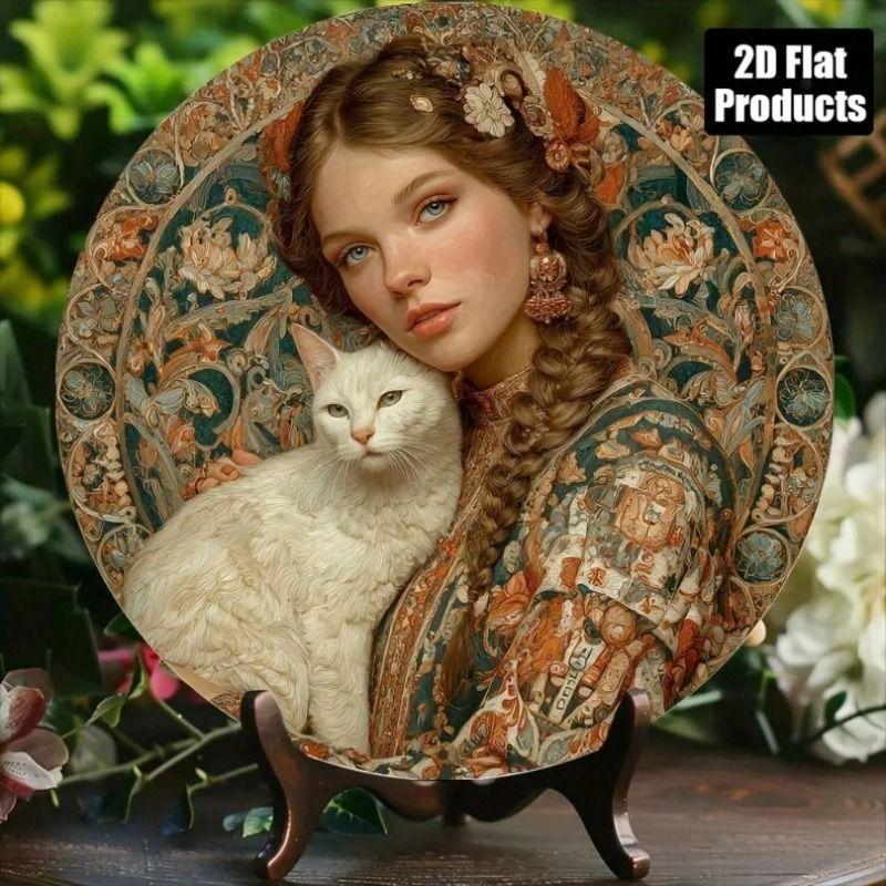 Retro Cat Girl Metal Wall Poster 8x8 Inch Round Aluminum Sign for Kitchen