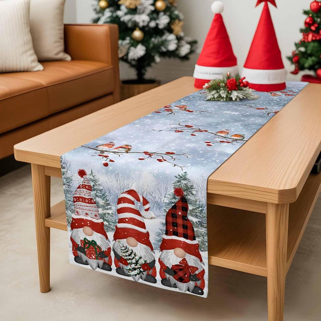 Christmas Gnomes Xmas Tree Linen Table Runner Home Party Decor Winter Snowflakes Bird Dining Table Runners Christmas Decorations