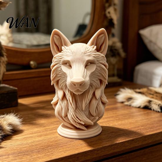 Animal Head Sculpture 3D Printed Wolf Figurine, Realistic Statue with Round Desktop Ornament Base, Wild for Home Office Bookshelf Decor PLA Figurine