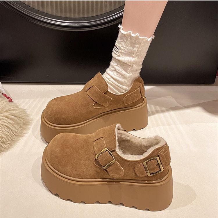 Sponge Cake Bag Head Thick-soled Birkenstocks Women's Velvet Small People Increase In Height, Warm Fluffy Shoes Cotton Shoes Increase In Velvet