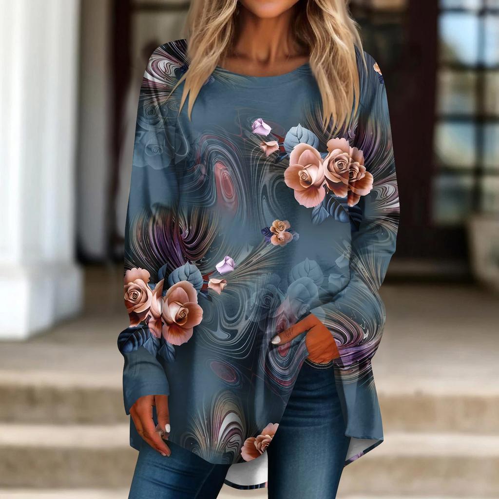 Kvinners uformelle plussstørrelse Langermet rundhals trykt T-skjorte topp genser