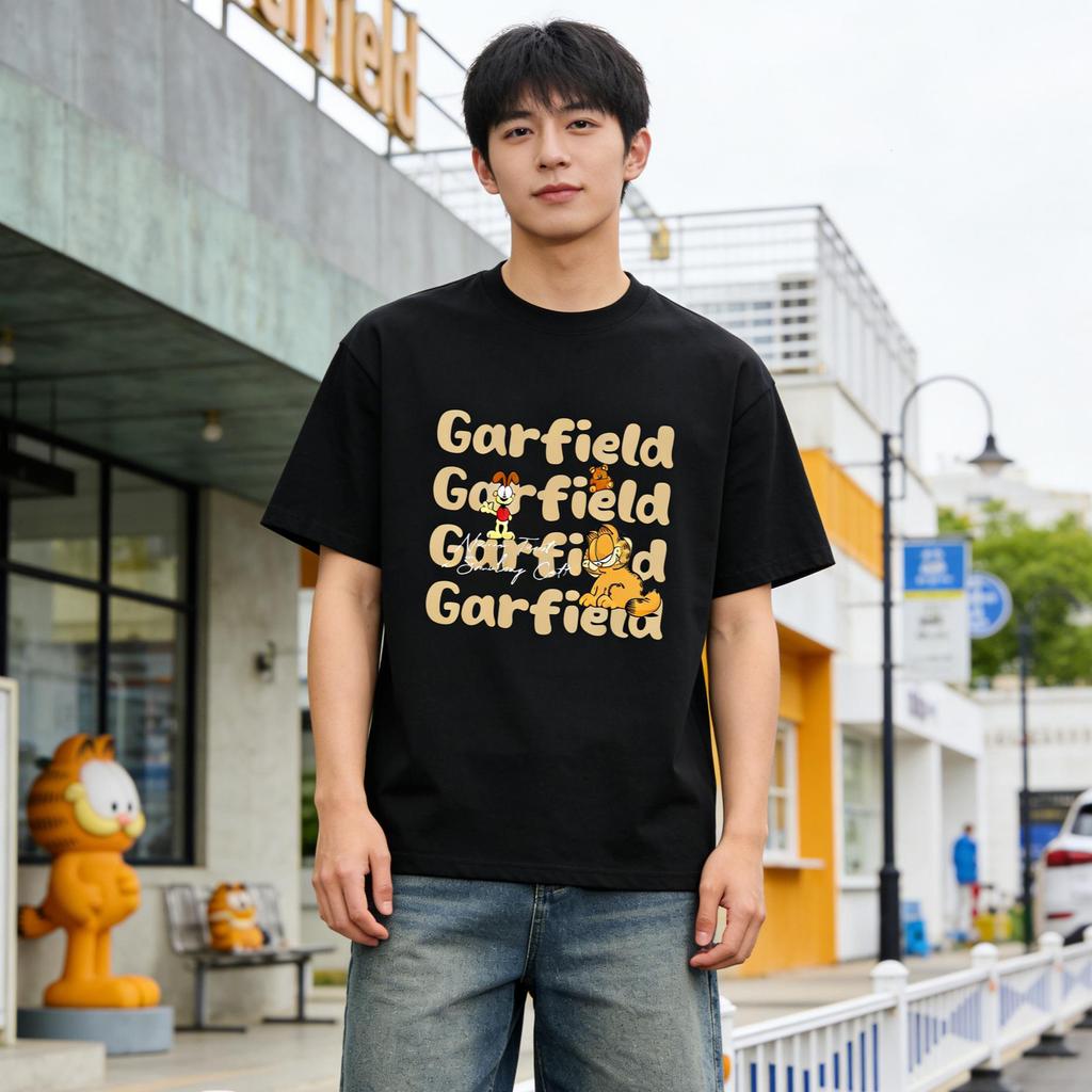 Garfield & Odie Repeating Letters Trendy T-Shirt! American Retro Fun Print Loose-Fitting Short Sleeve, Unisex, Oversize Couple Tee