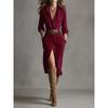 Elegant Suede Shirt Collar Long Sleeve Midi Dress With Belt