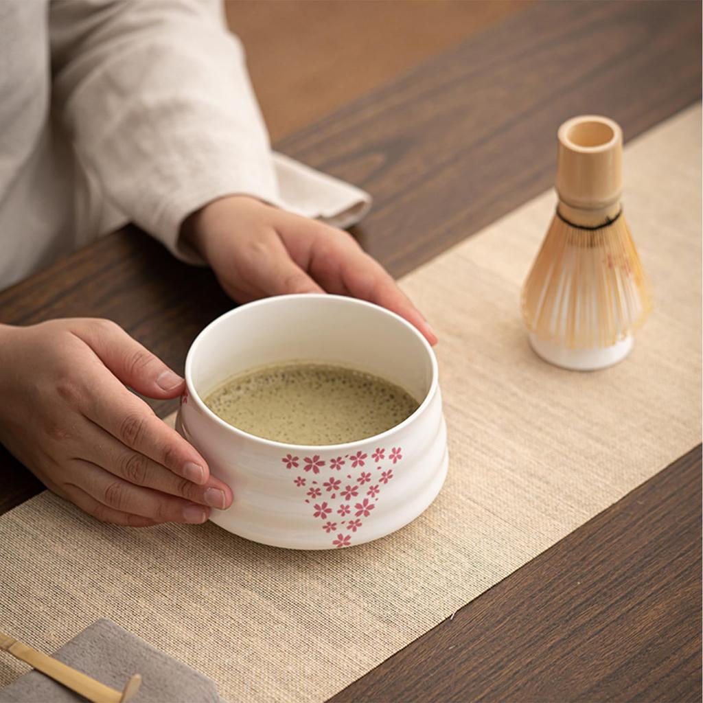 4-Piece Tea Ceremony Set with Matcha, 100-Standing Chasen, Chashaku (Tea Scoop), Chasa (Tea Spoon), and Matcha Bowl. Perfect for Beginners. Cherry