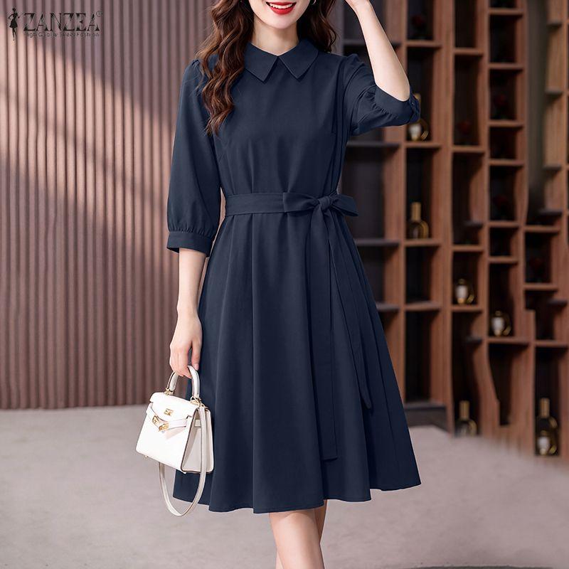 ZANZEA Women Casual Turn Down Collar Solid Color 3/4 Sleeve Loose Dress