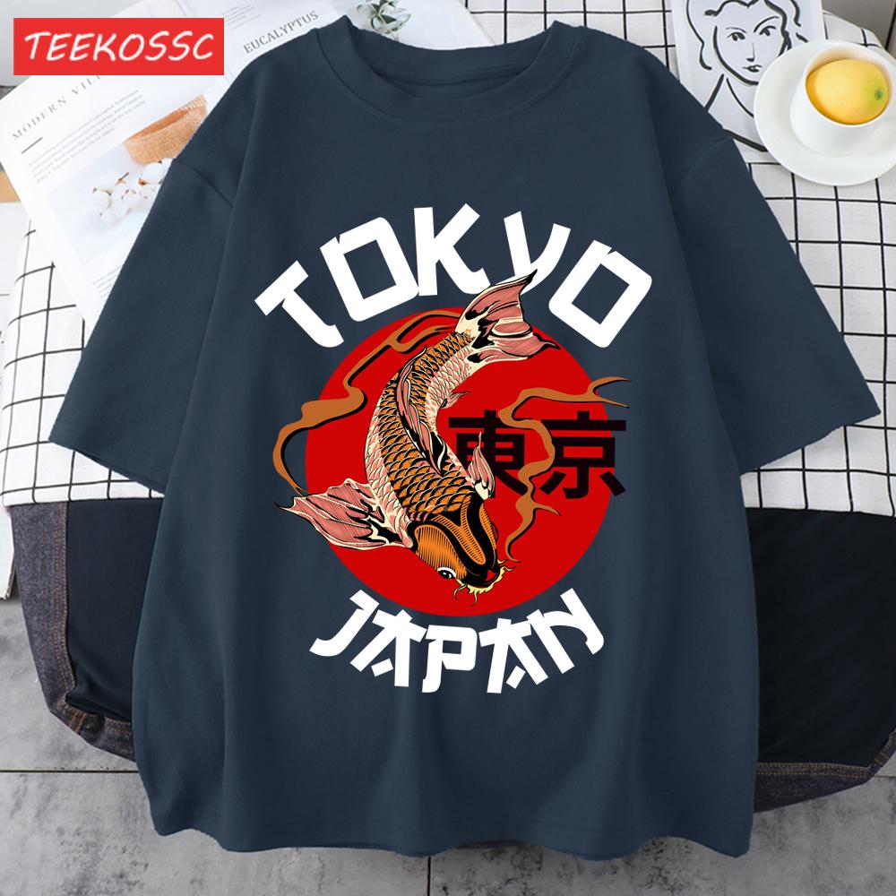Harajuku Tokyo Japan Koi Fish Print Men T Shirts Hip Hop ONeck TShirt Soft Cotton Male Sportswear Casual Comfortable Clothes