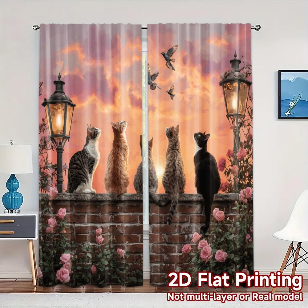 

2pcs 2D FLAT PRINTING Curtains (Without Rod) CatGardenTwilight Light Filtering Modern Curtains Versatile 100% Polyester 100*130 Grommet Top 1pcs