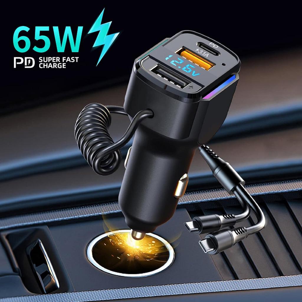 80W USB C Car Charger Cigarette Lighter and USB C Adapter, 3 Ports PD3.0 & QC3.0 Fast Car Charger Super Fast Charging with LED Voltmeter Car Device