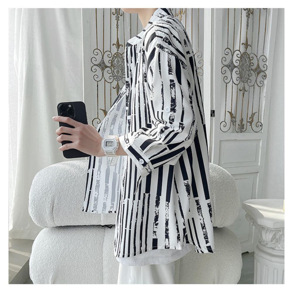 Ice Silk 7-quarter Sleeve Stand-up Collar Shirt Men Personality Fashionable Printed Loose Cardigan