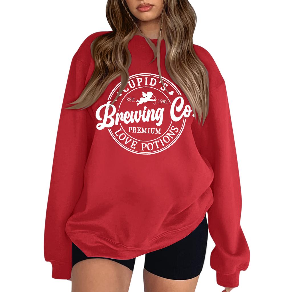 Women's Fashion Round Neck Long Sleeve Solid Color Valentine's Day Letter Top Sweatshirt