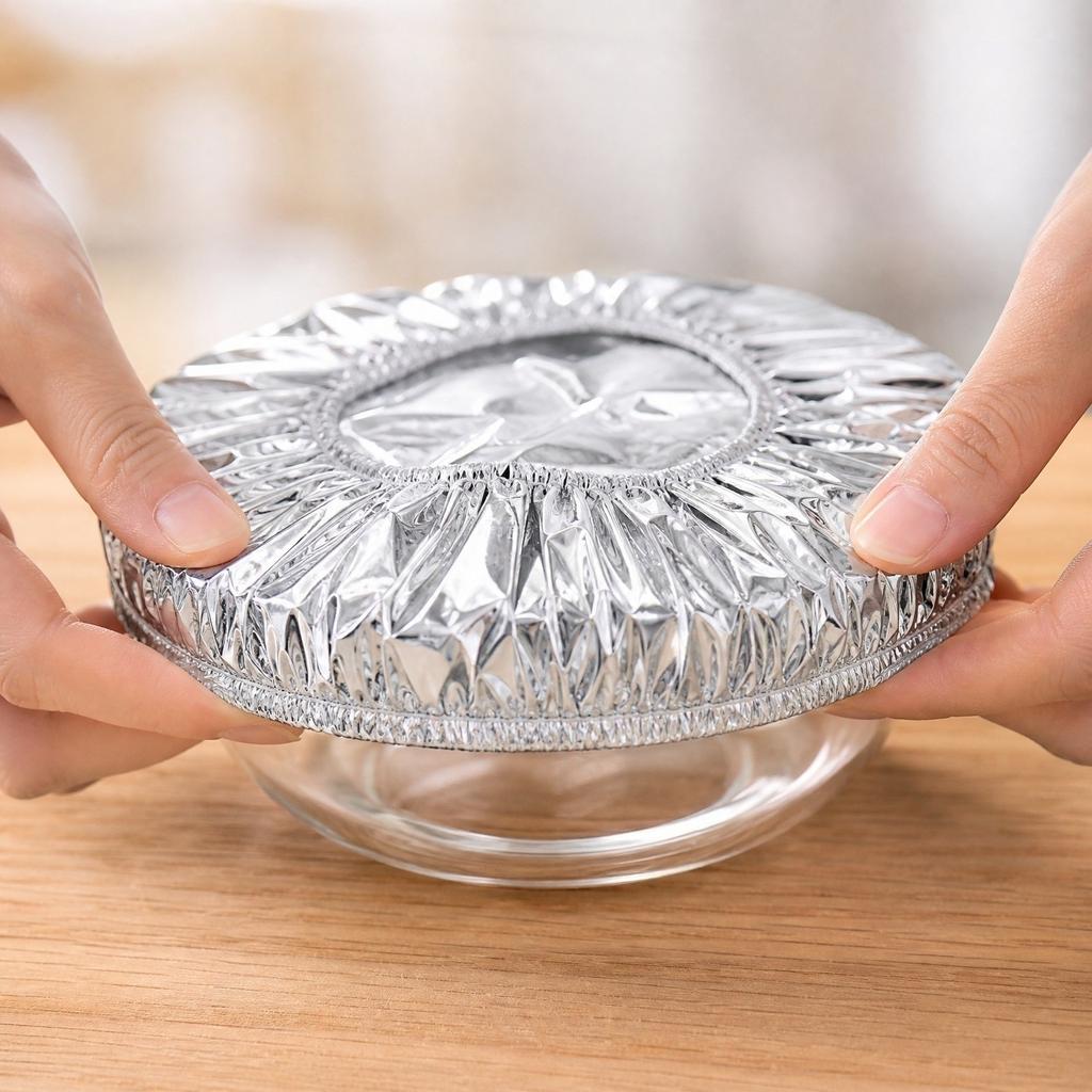 Reusable Aluminum Foil Food Covers Set of 60 Pieces Household Food Grade Stretchable Foil Lids for Bowls Containers and Plates