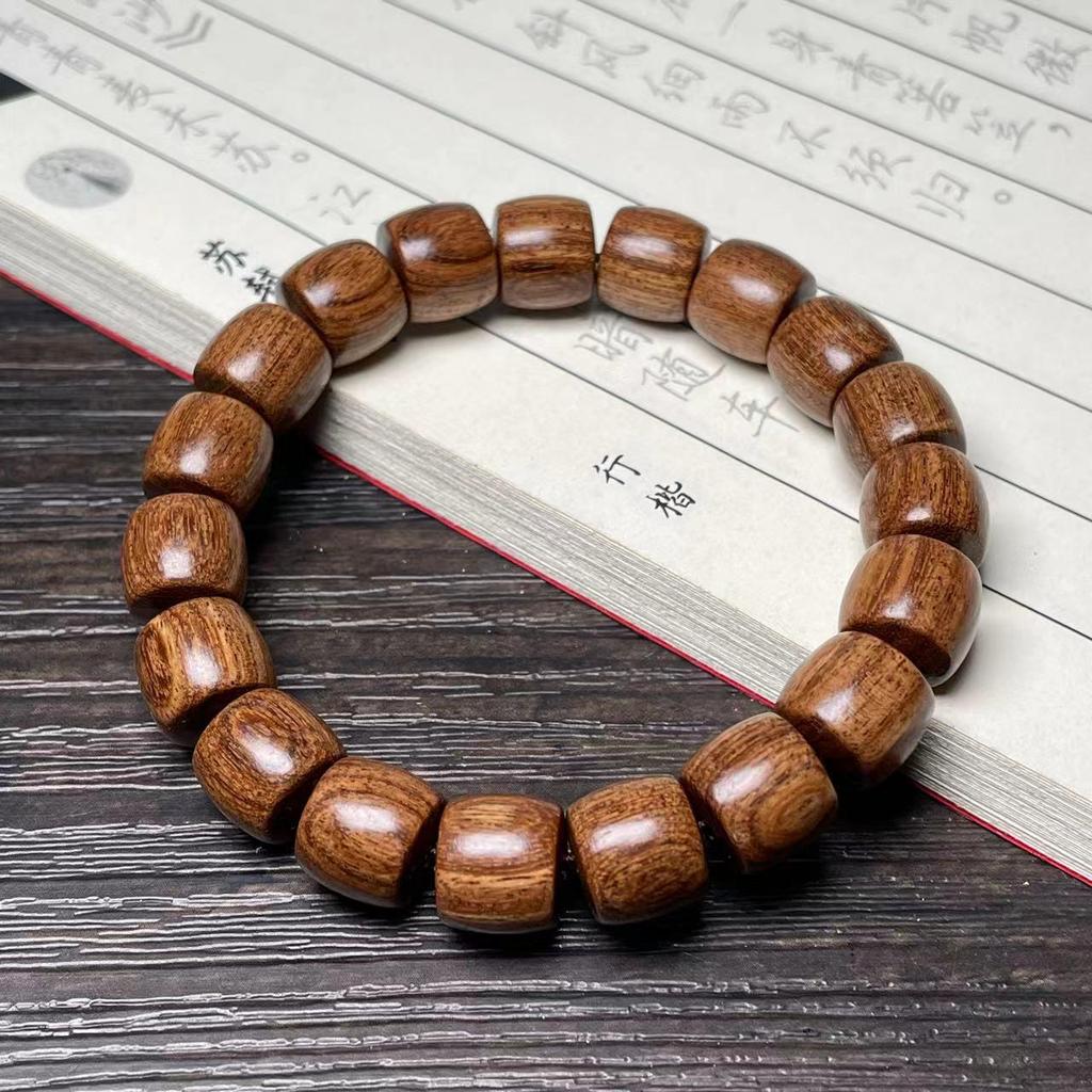 Ethnic Green Sandalwood Straight-Cut Barrel Bead Bracelet, Handmade Unisex Cultural Play Single Loop