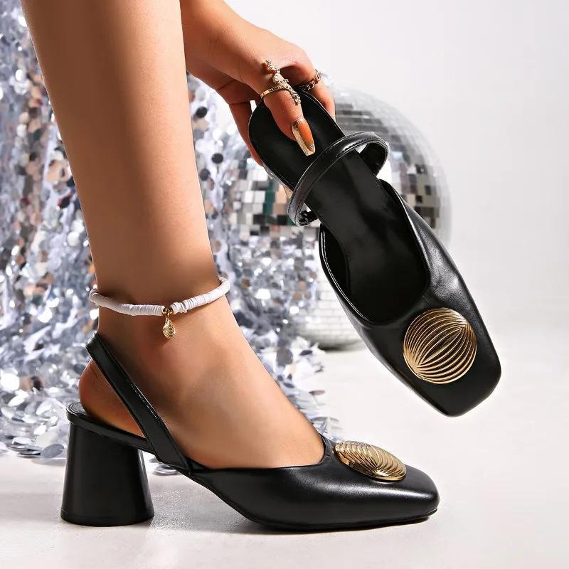 Fashion 2025 Women's Shoes Closed Toe Women's Sandals Summer New Shoes Female Fashion Metal Sandals Women Slip on Chunky Heels Ladies