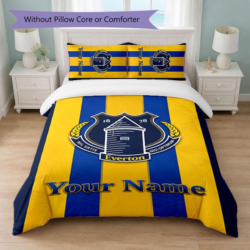 Everton FC Benutzerdefinierter Name Text Bettwäsche-Set 1 Bettbezug + 2 Kissenbezüge Fußball-Logo Personalisierte Geschenk für besonderen Anlass Schlafzimmer Dekor
