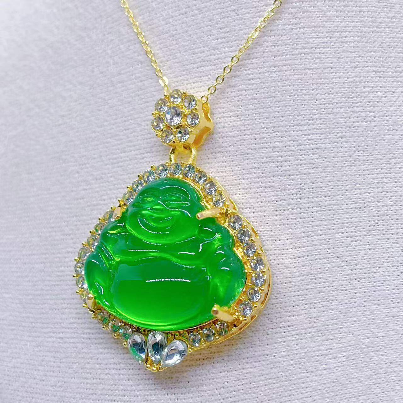 

Pendant New Chinese Style Green Stone Laughing Buddha Surrounded by Zircon Men and Women Buddha Necklace 50CM