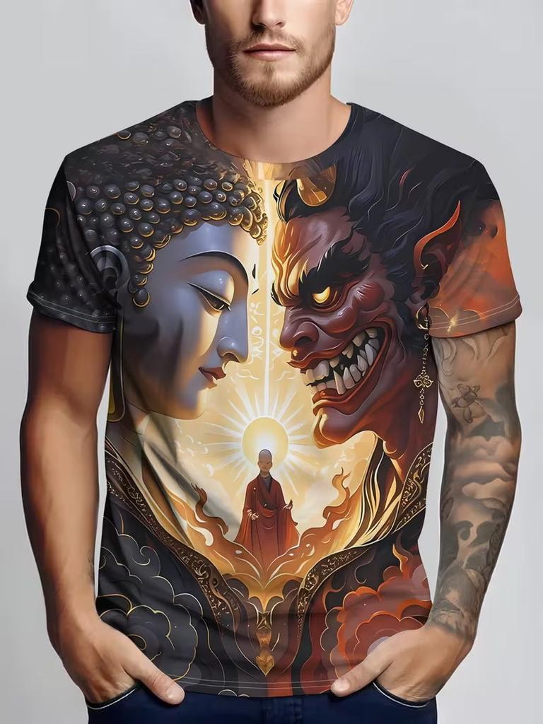 T-shirt da uomo con grafica Testa di Buddha Fiore Rosso Manica Corta Estiva Girocollo Religiosa Spirituale Casual Streetwear Tee Top