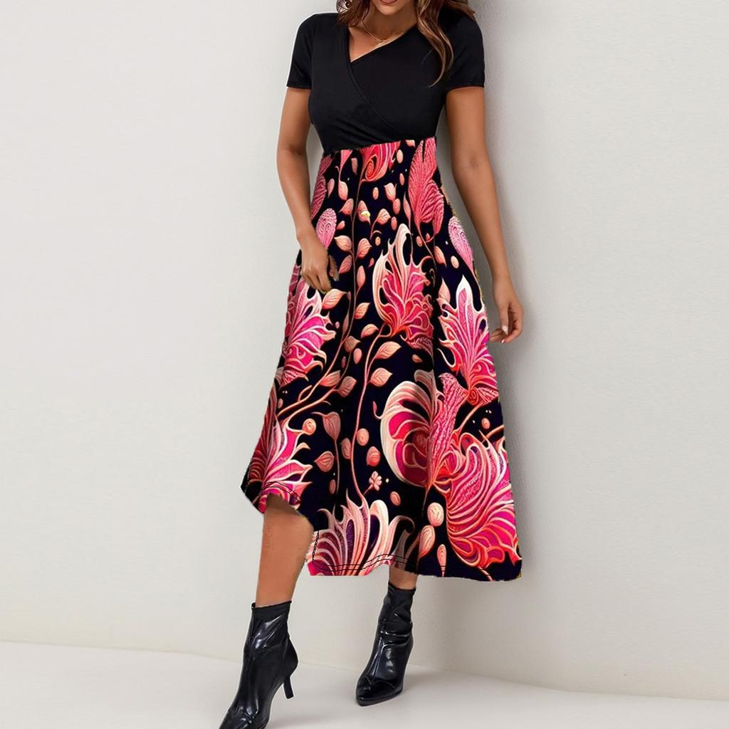 Women's Summer Maxi Dress 2025 Floral Wrap V Neck Puff Short Sleeve Ruffle Beach Resort Long Dresses