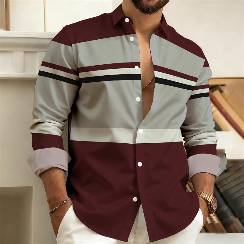 Men's Color-Block Striped Long-Sleeved Shirt, Business Casual Lapel Shirt, Fashionable Men's Top, Available In Sizes