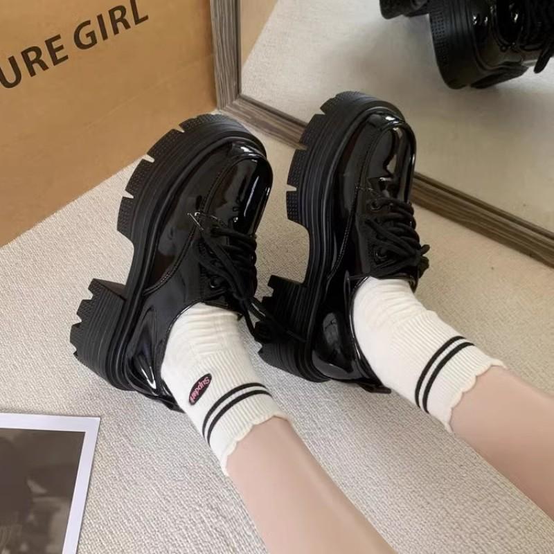 Black Brown Thick-soled Heightening Small Leather Shoes Women's Muffin Bottom Lace-up Round Head Retro Single Shoes