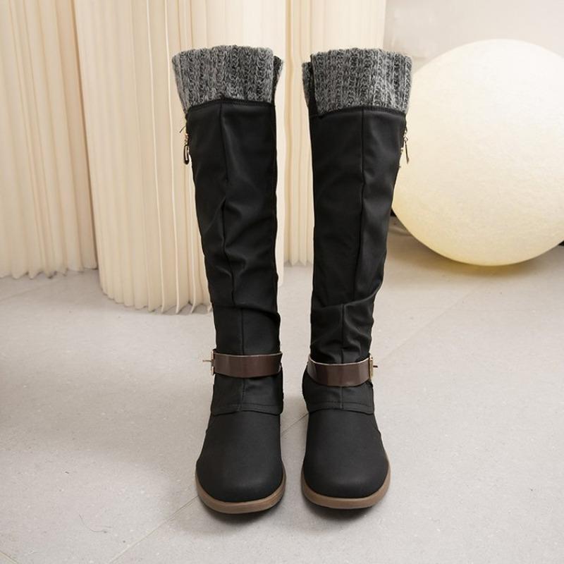 Large Size Tall Tube But Knee Metal Buckle Boots Autumn and Winter New Round Head Women's Boots