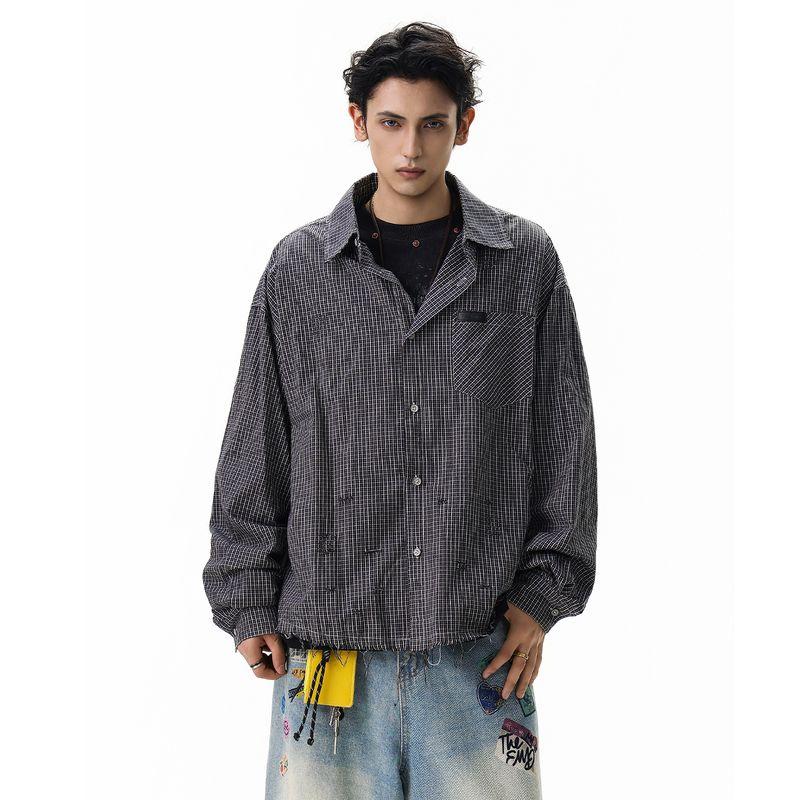 

Acrardic American-Style Plaid Frayed Long-Sleeve Shirt for Men, Street Vibe Casual Loose Distressed Shirt, Thin Style Black Gray XL