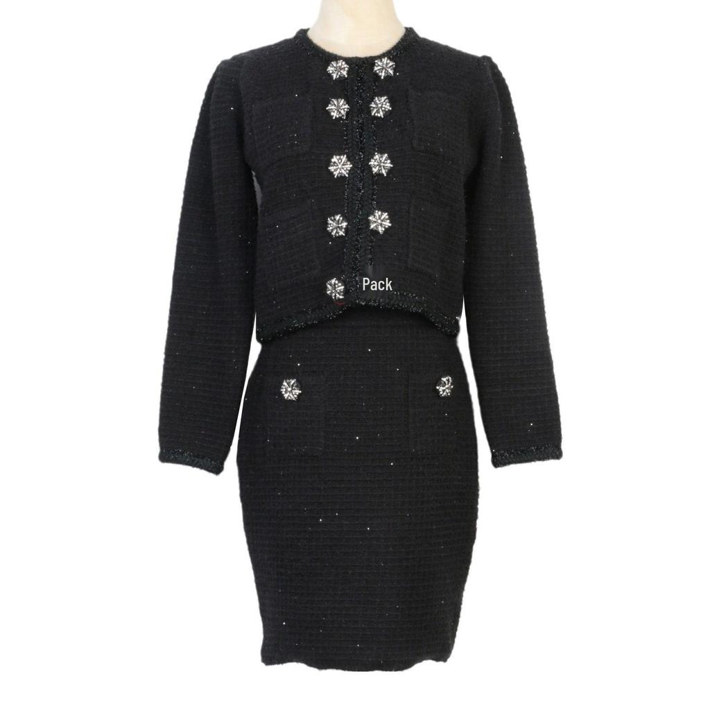 Chic Knitted Jacket & Skirt Set: Double-Breasted, Diamond-Embellished, Round-Neck French Socialite Style
