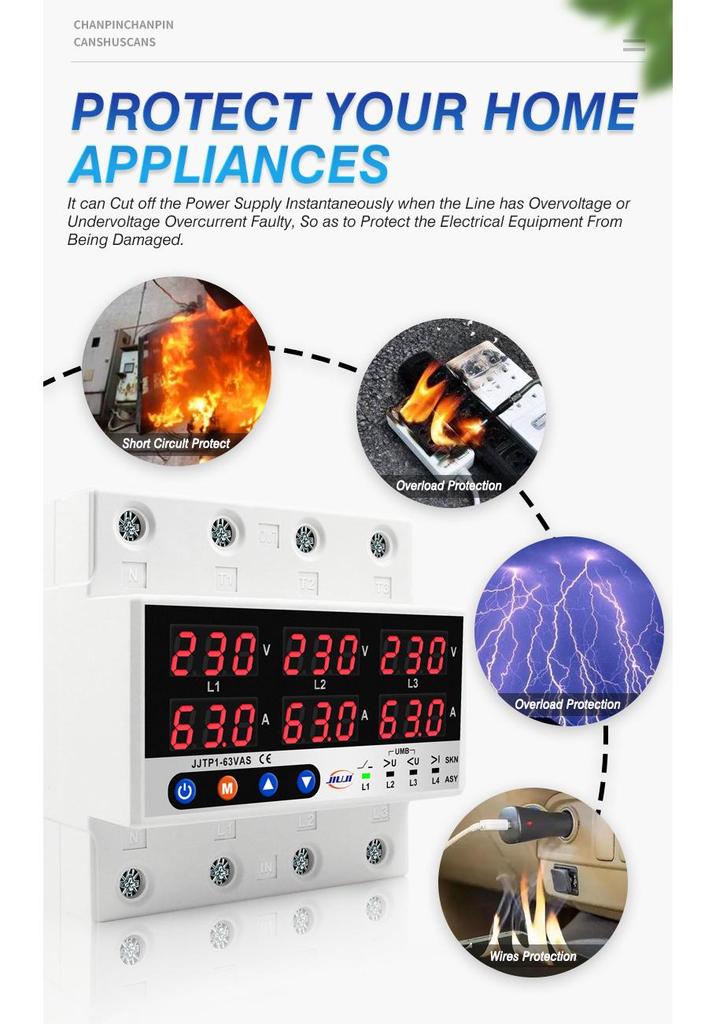 230V 63A/100A Over/Under Voltage Protector & Current Limiter, Three-Phase Four-Wire - JJTP1-63VAS