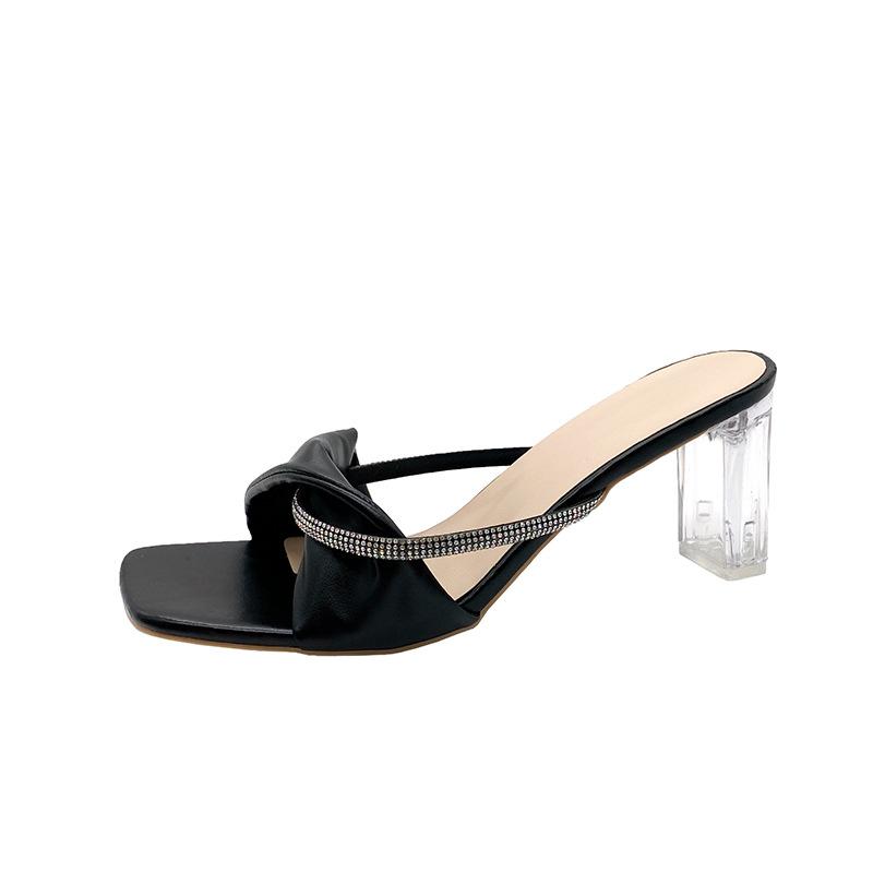 

Summer new sandals versatile open-toed thick-heeled crystal slippers transparent high-heeled sandals women s outer wear 40 чёрный