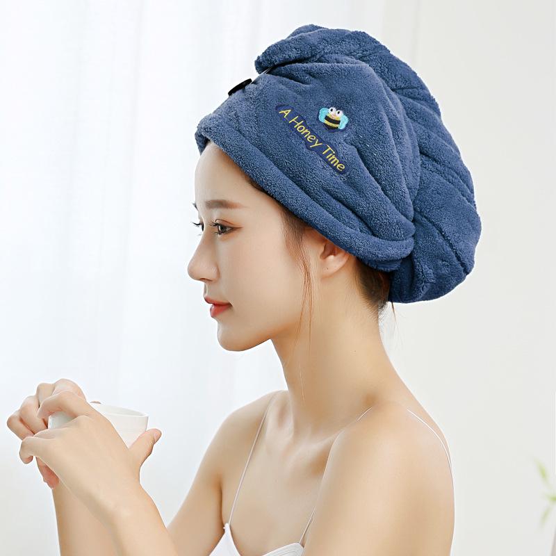 Classic Coral Fleece Embroidered Quick-Dry Hair Cap - Thick, Water-Absorbent & Shed-Resistant