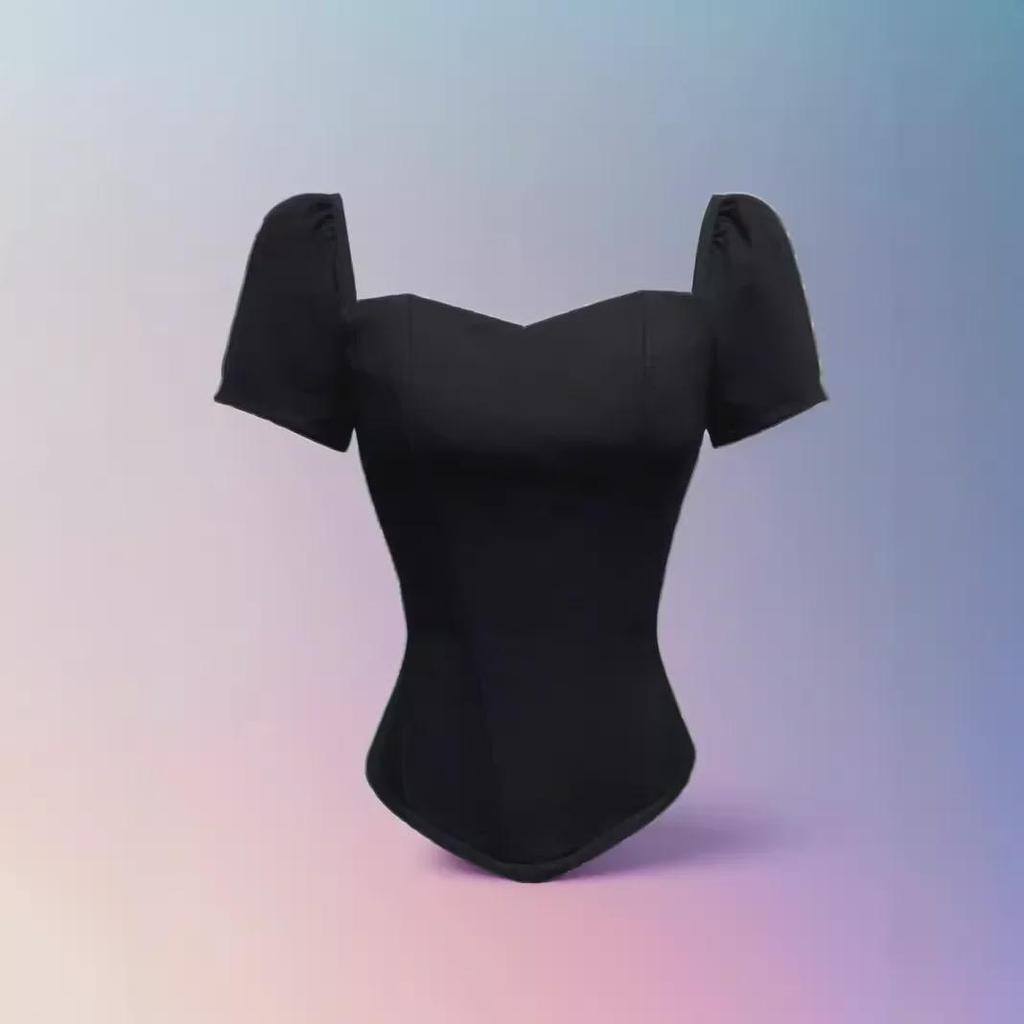 European & American Street Style Off-Shoulder Short Sleeve Bustier Top with Fishbone Corset and Padded Bandeau for Women
