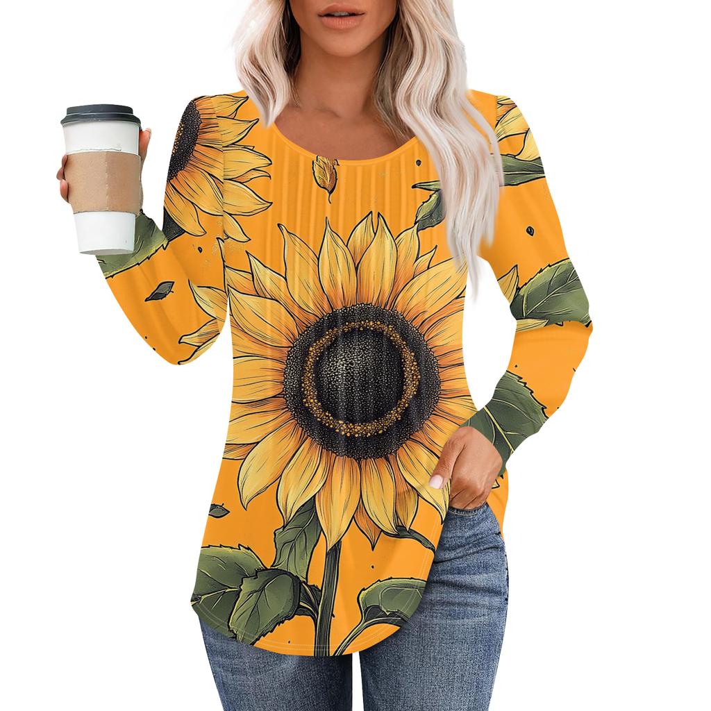 Damenmode Lässig Plissiert Rundhals Vintage Blumendruck Langarm T-Shirt Top