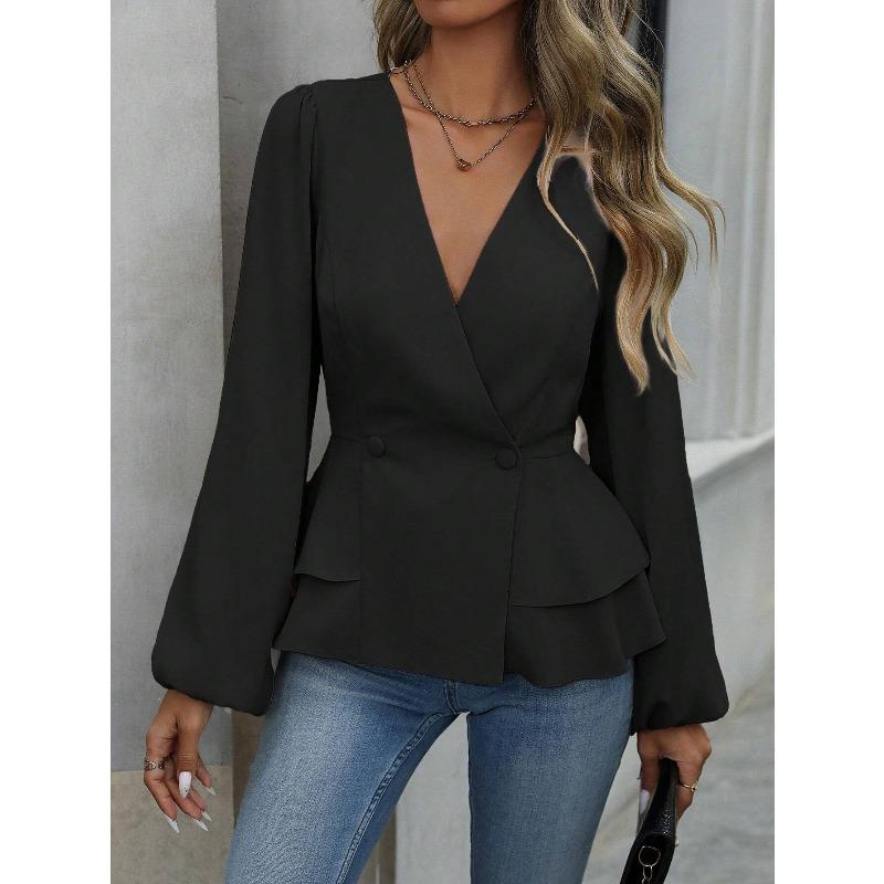 JPNTKY Women's Fashion Casual Solid Color Print Long Sleeve V Neck Blouses & Shirts Unique Design