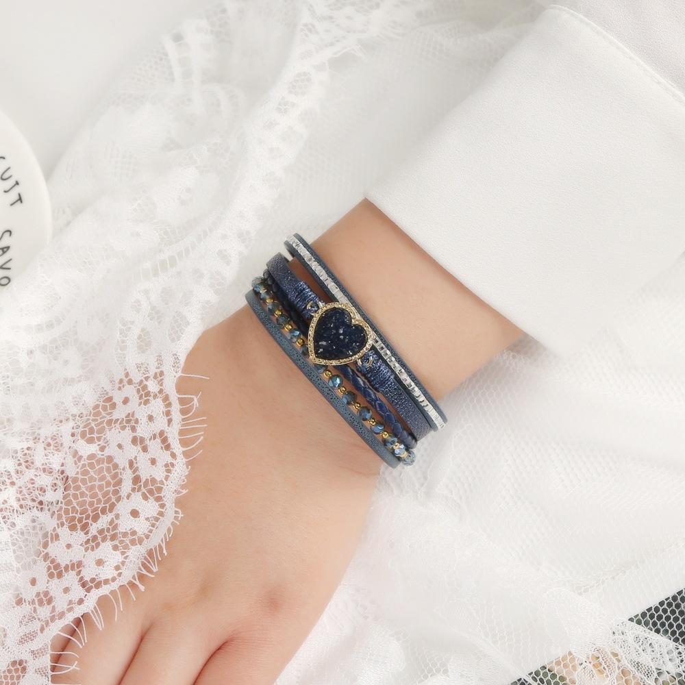 Kožený náramek z PU korálků, náramek ve tvaru srdce, drahokam, vícevrstvý pletený náramek, dárky