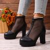 Women Mesh Platform Martin Sandal Boots Plus Size Block Heel Side Zip Short Boots