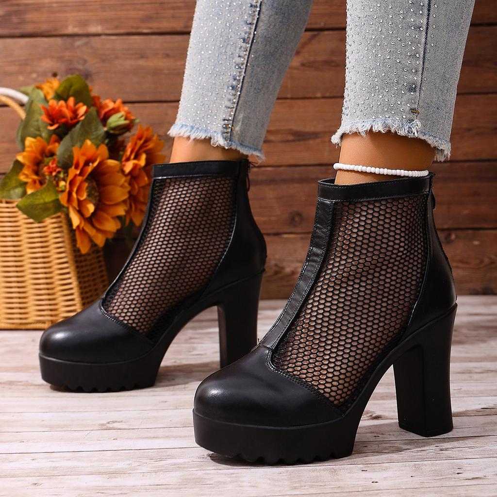Women Mesh Platform Martin Sandal Boots Plus Size Block Heel Side Zip Short Boots
