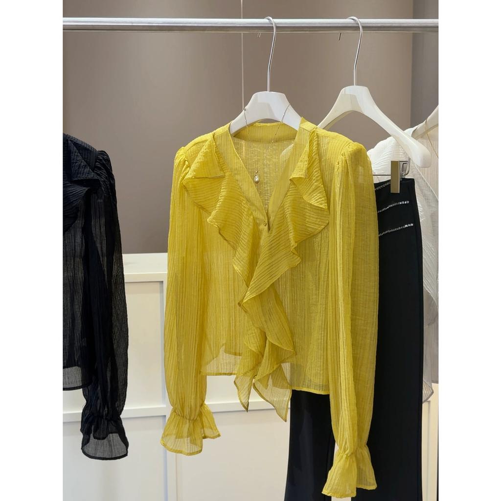 Women's V-Neck Long Sleeve Blouse Ruffle Flounce Chiffon Loose Casual Summer Top