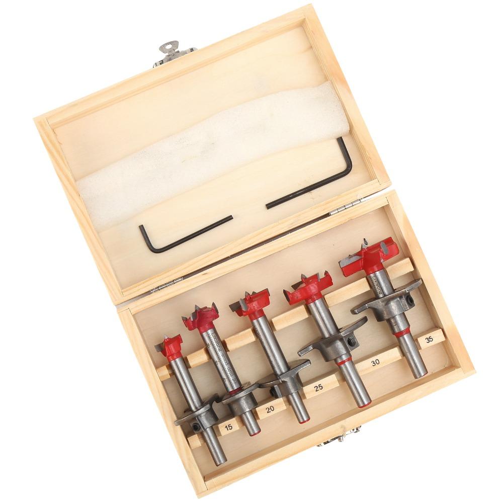 5pcs 15mm-35mm Adjustable Forstner Drill Bit Set Carbide Tip Hex Shank Wood Reaming Drill Bit Limit Stop Design