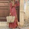 Autumn and Winter Women's Long-sleeved V-neck Bohemian Floral Dresses