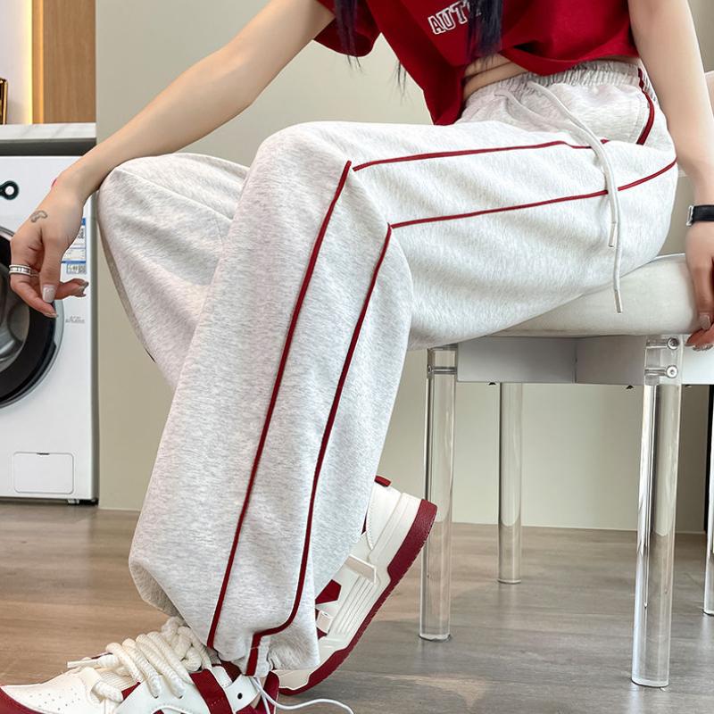 Gray Striped Sweatpants for Women - Spring Thin Edition High-Waisted Drapey Casual Loose Straight-Leg Cuffed Wide-Leg Joggers