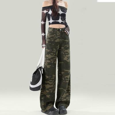 American Niche Tooling Camouflage Jeans Women's Spring and Autumn New High Street Loose Meat-covering Wide-leg Jeans