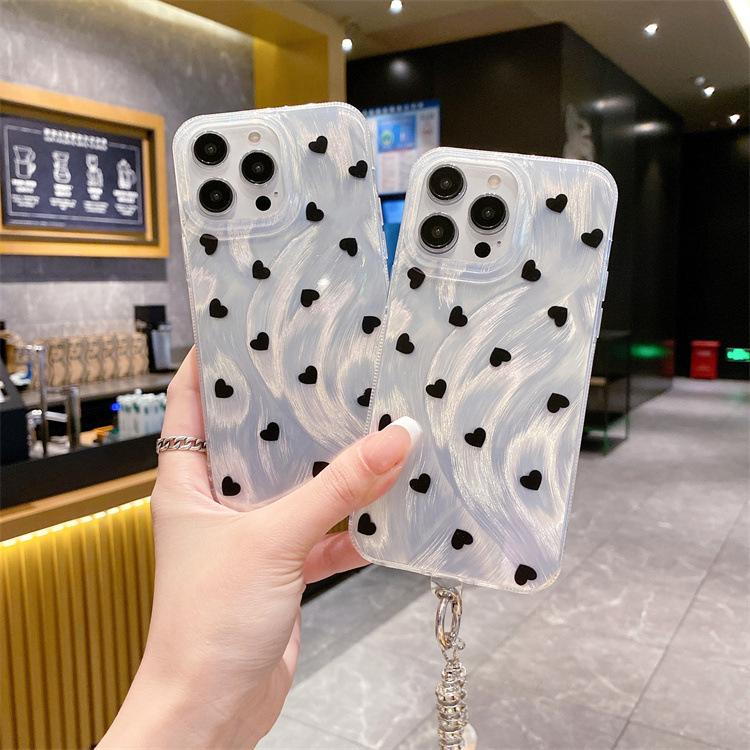 Feather Yarn Silver Suitable for Iphone16pro Small Love Protective Case for Apple 12/14 Pearl Diamond Chain Hard Protective Case