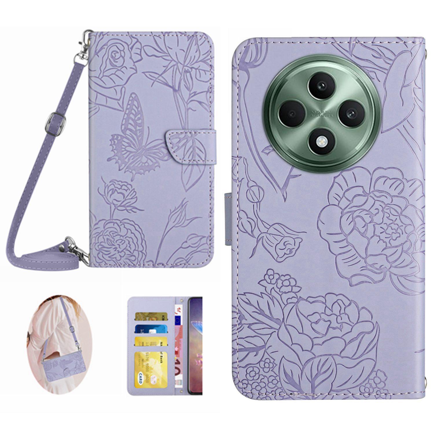 

HT03 For Oppo Reno12 F 5G Case Butterfly Flowers PU Leather Crossbody Phone Cover Purple