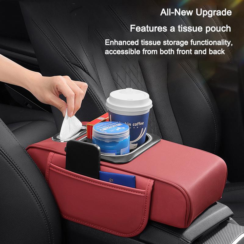 Car Armrest Cushion Leather Center Console Cover LED Ambient Lighting,with Storage Bags Phone Slot Charging Port Tissue Holder