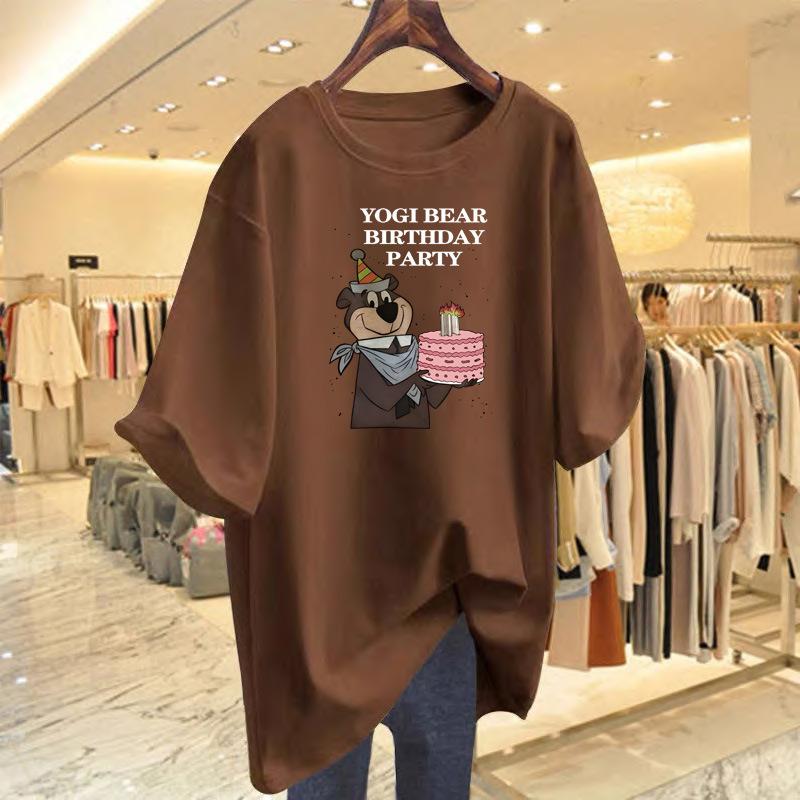 

White cotton short-sleeved t-shirt women s summer new medium and long cartoon printed loose new top bottoming shirt XXXL