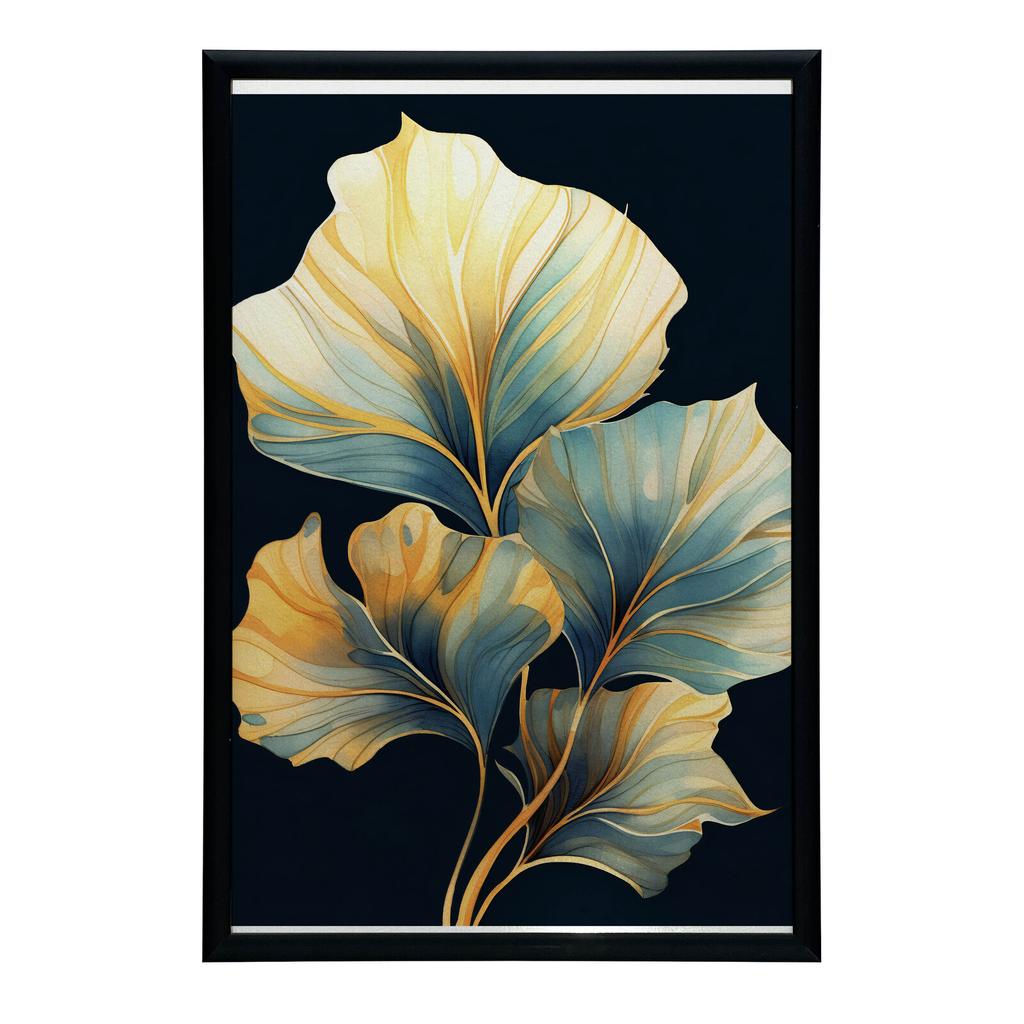 Liście W Akwareli - Ciemny Akwamaryn I Bursztyn Liście W Akwareli - Ciemny Akwamaryn I Bursztyn, 30X40 Cm, Rama Aluminiowa Czarna, Papier Matowy 230 G